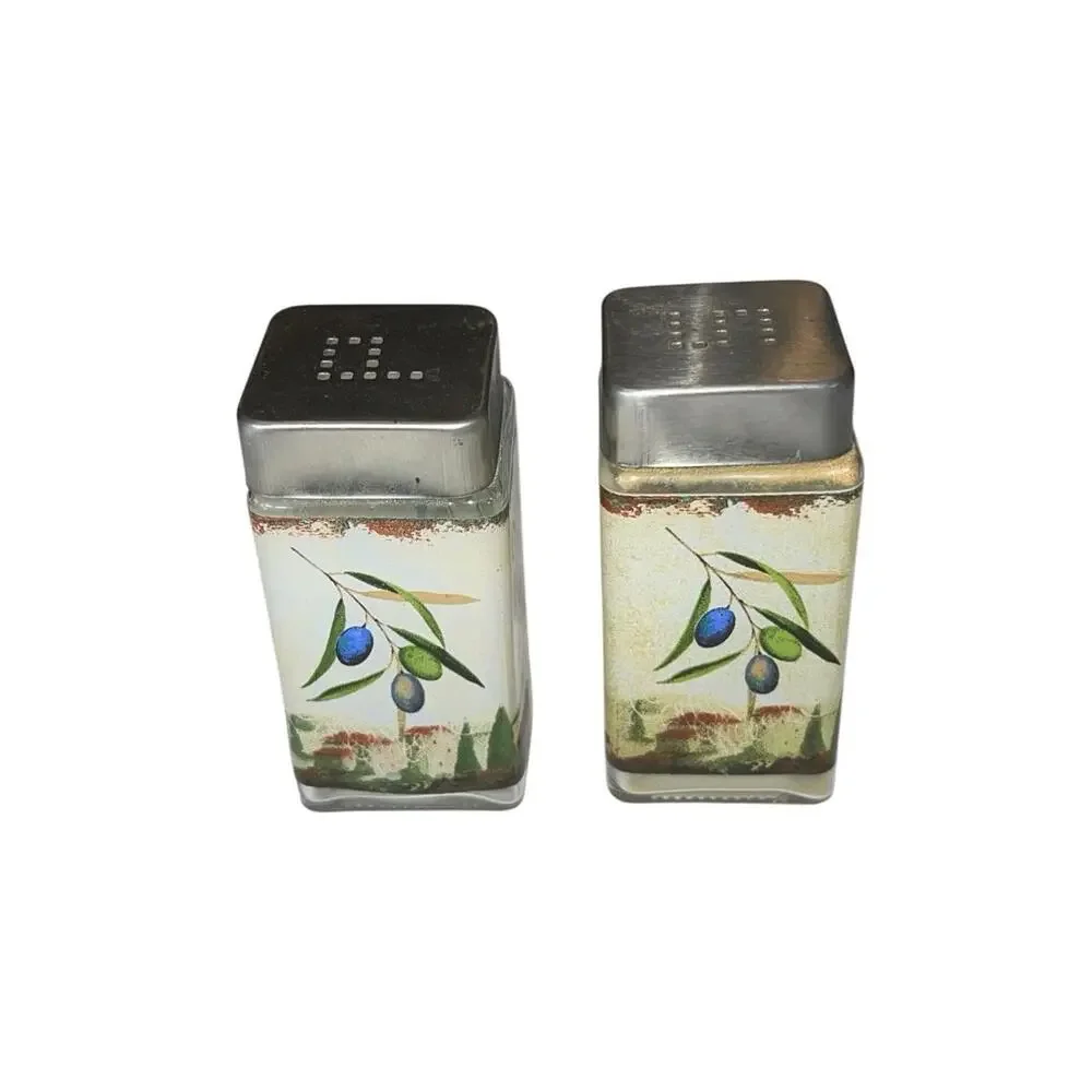 Tuscan Olive Oil Glass Salt Pepper Shakers Set‎ Square Metal Lids Kitchen Decor